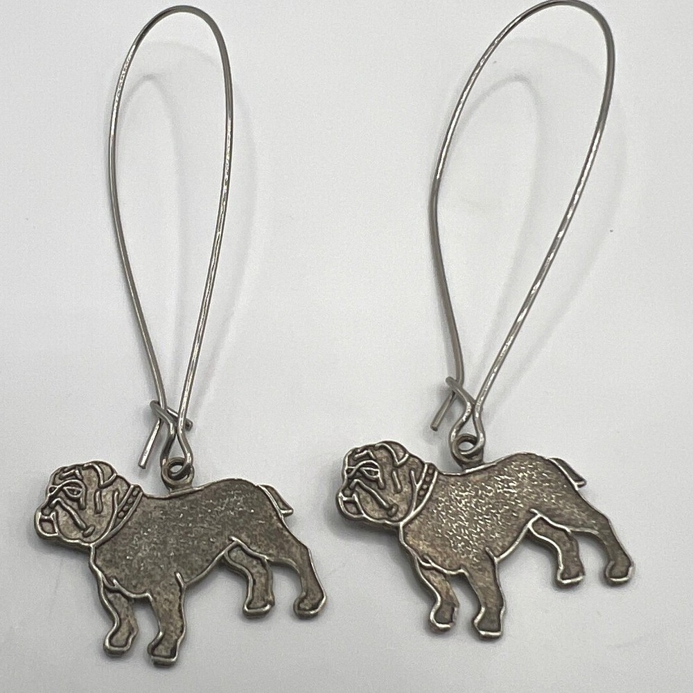 Vintage Georgia Bull Dog Earrings Wire Silver Tone Dangle Drop